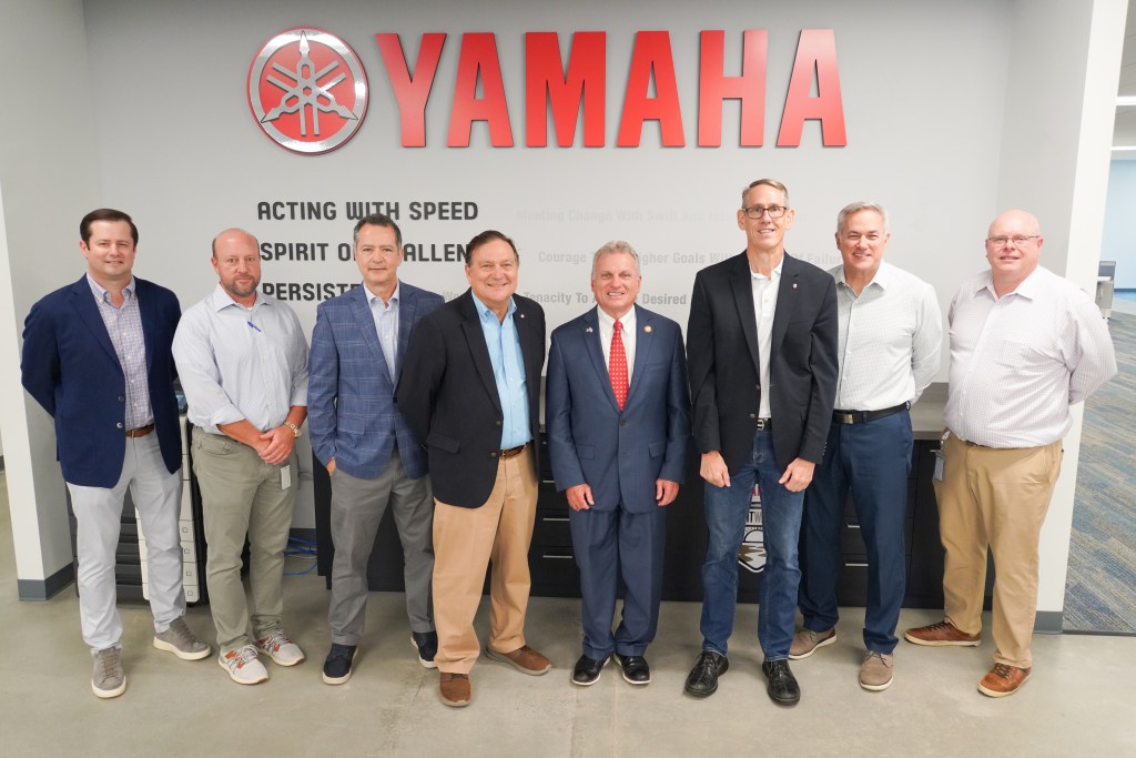 Rep. Buddy Carter (wearing necktie) met with Yamaha executives (from left) Stephen Donnell, Mark Tracy, Mike Martinez, Ben Speciale, Mike Chrzanowksi, Dean Burnett and Bill Boehman. PHOTO COURTESY YAMAHA