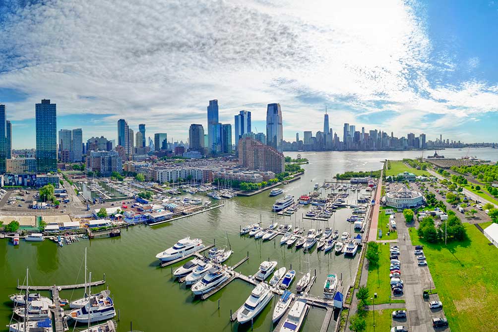 An aerial view of a sunny marina