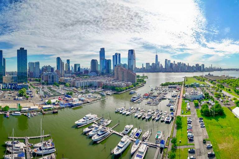 An aerial view of a sunny marina