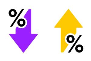 two arrows one purple that is pointing up and one yellow that is pointing down. Both have percentage symbols