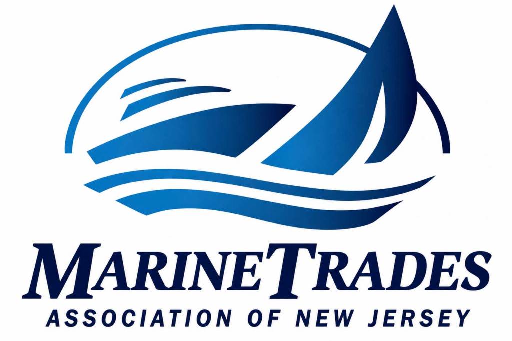 Blue and white Marine traders logo with sailboat and motor boat implied in the waves