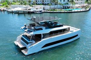 A large multihull motorboat of the dock