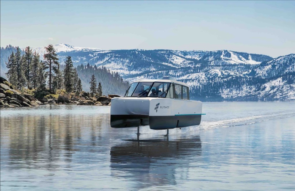 A render of FlyTahoe's VS-9, the electric hydrofoiling vessel set to operate on Lake Tahoe. IMAGE COURTESY VESSEV