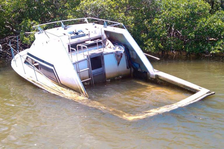 Sinking desserted motorboat on a swampy shore