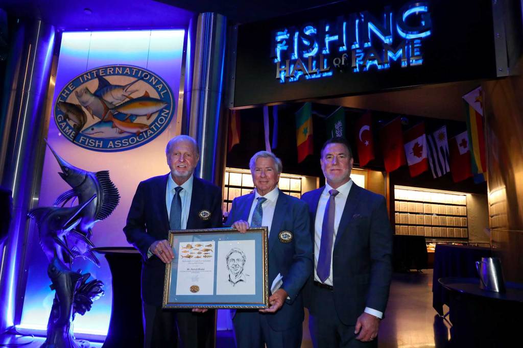 Patrick J. Healey (center) with fellow inductee Roy W. Cronacher Jr. (left) and IGFA president Jason Schratwieser. PHOTO COURTESY VIKING