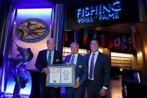 Patrick J. Healey (center) with fellow inductee Roy W. Cronacher Jr. (left) and IGFA president Jason Schratwieser. PHOTO COURTESY VIKING