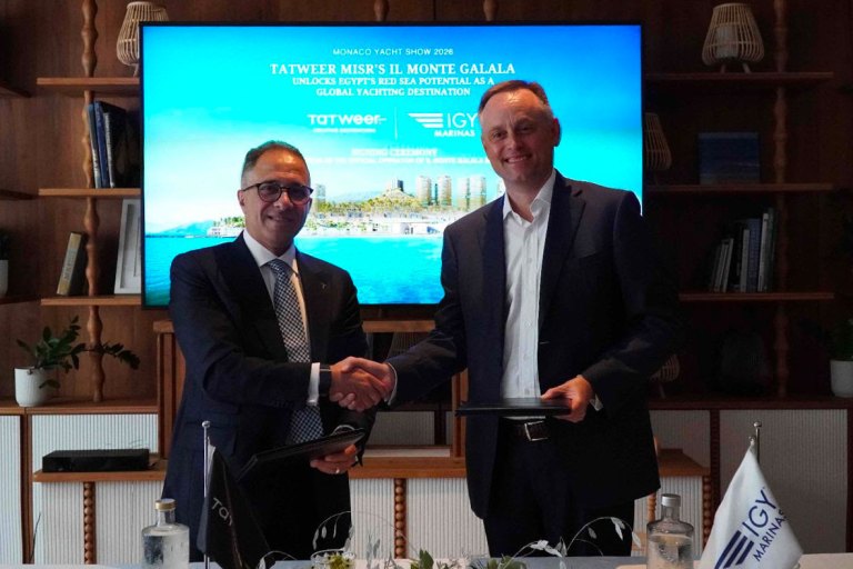 (From left) Ahmed Shalaby, co-founder, president and CEO of Tatweer Misr, and Steven English, CEO of IGY Marinas. PHOTO COURTESY IGY