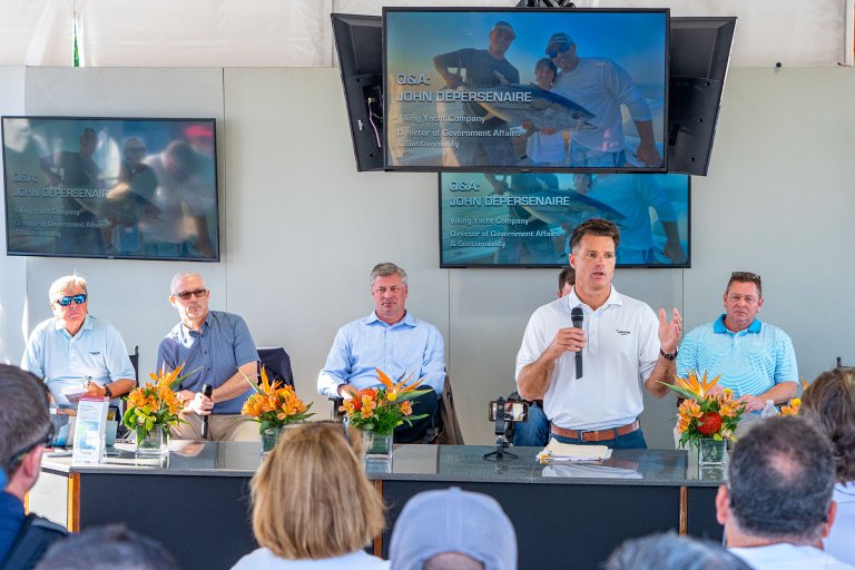 1_VIKING-260923 John DePersenaire, Viking Yacht Company’s director of government affairs and sustainability, speaks at a press conference during the 2022 Fort Lauderdale International Boat Show. Viking has been advancing technology-based solutions to the North Atlantic right whale vessel-speed issue. PHOTO COURTESY VIKING YACHTS