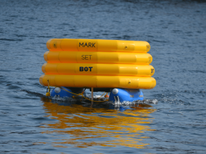 When setting racecourse marks, Robobuoy’s MarkSetBot can  navigate to a GPS coordinate, hold position without an anchor and move on command through an app. PHOTO COURTESY YACHTING VENTURES