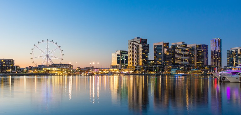 Panoramic image of the docklands waterfront area of Melbourne Panoramic image of the docklands waterfront area of Melbourne at night