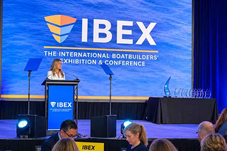 1_IBEX-261006 Show director Mary Velline gave opening remarks at this morning’s industry breakfast. DAVID CONWAY PHOTO